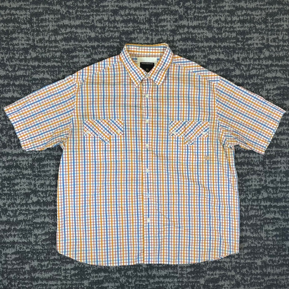 Y2K Rocawear Mens 3XL Plaid Button Down Shirt Short Sleeve Orange Blue Cotton